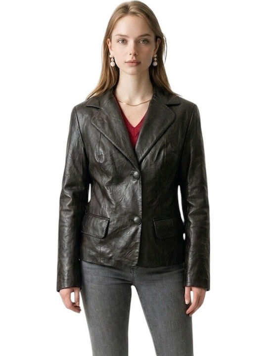 MARKOS LEATHER Γυναικείο Δερμάτινο Μεσάτο Σακάκι Καφε