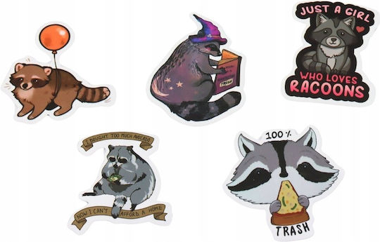 Set Decorative Stickers Raccoon Various Designs 50 Pcs 7-8 Cm