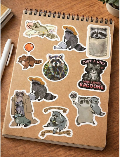 Set Decorative Stickers Raccoon Various Designs 50 Pcs 7-8 Cm