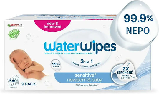 WaterWipes Hypoallergenic Baby Wipes 99.9% Water Fragrance Free Alcohol-Free Parabens Free 9x60pcs