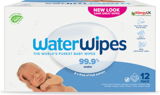 WaterWipes Hypoallergenic Baby Wipes 99.9% Water Fragrance Free Alcohol Free Parabens Free 12x60pcs