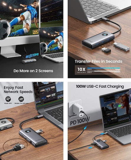Orico Hub 6 Porturi cu conexiune USB-A / Ethernet Gri