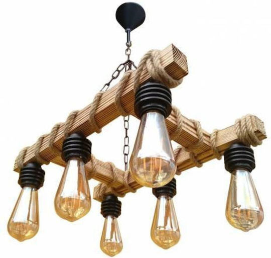 Stewehome Handmade Wooden 6 Bulb E27 Ceiling Light Living Room Natural Wood 30 X 50 X 60 Cm