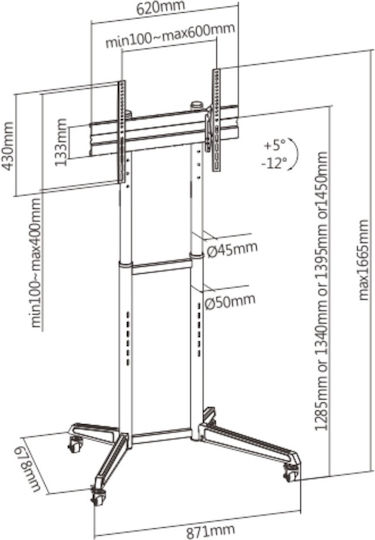 Mobile Tv Stand On Wheels Adjustable 37"-70"