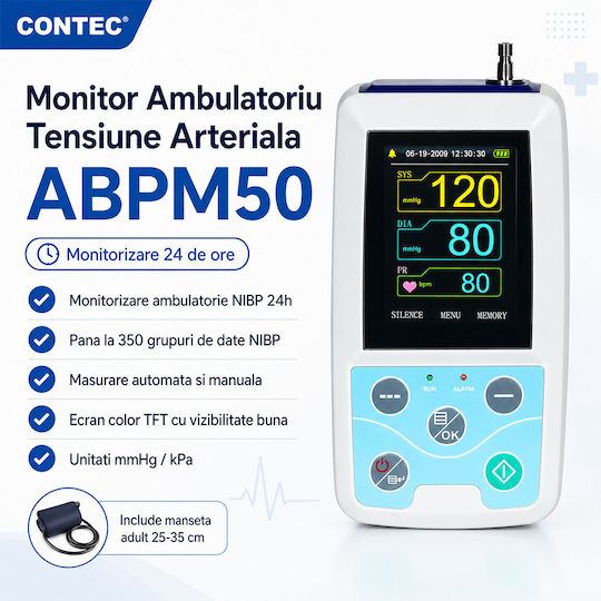 Contec Abpm50 Tensiometru Ambulatoriu Pentru Măsurarea Tensiunii Arteriale Tip Holter Nibp Înregistrare 24 de Ore Până la 350 Grupuri de Date Nibp Ecran Color Tft Funcție de Gestionare a Alarmelor Manșetă 25-35 Cm