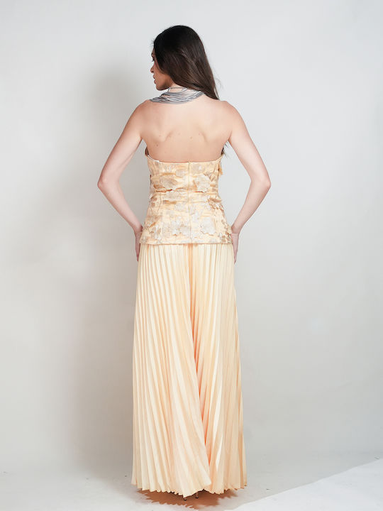Damen Bluse Trägerlos Blumen Beigefarbe