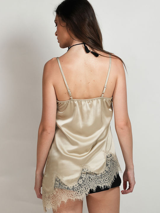 Damen Bluse Satin mit Spaghetti-Träger Khaki