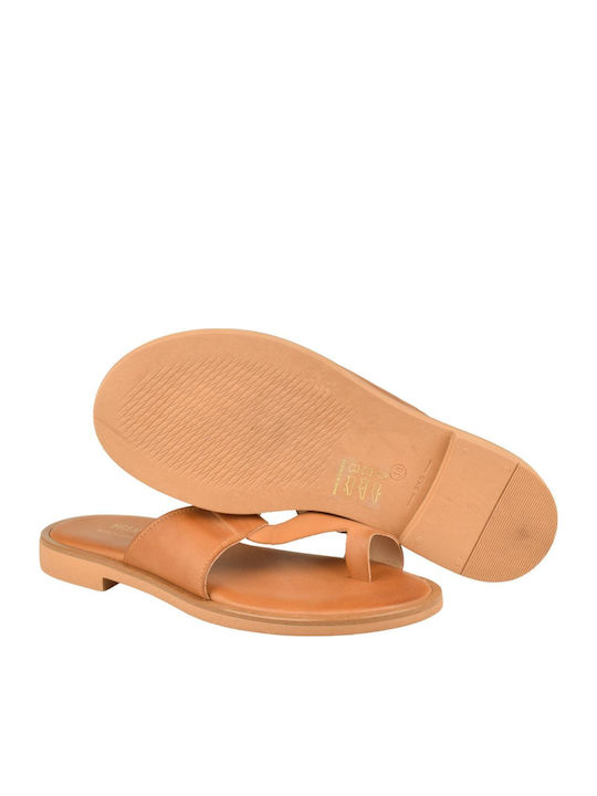 Leather Women's Flat Sandals Tabac Brown