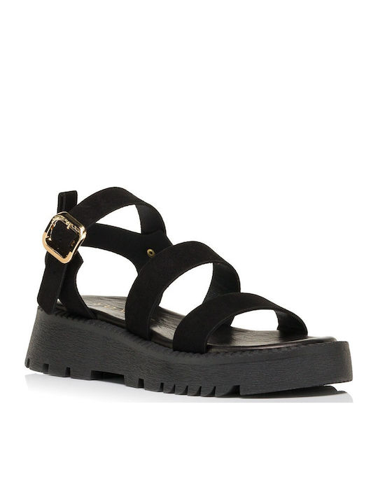 Leder Flache Damen Sandalen Schwarz