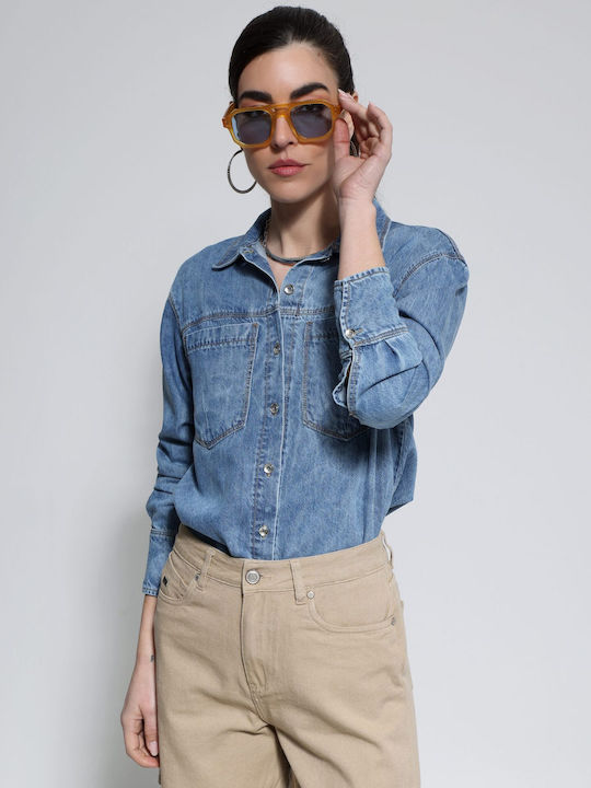 Long Sleeve Women's Denim Shirt Blue