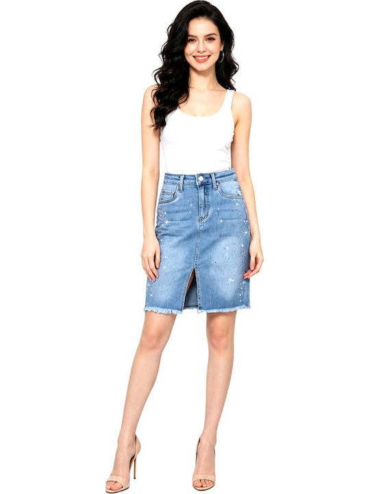 Fustă Skorts Denim Pentru Femei Talie Înaltă Albastru Prespălat