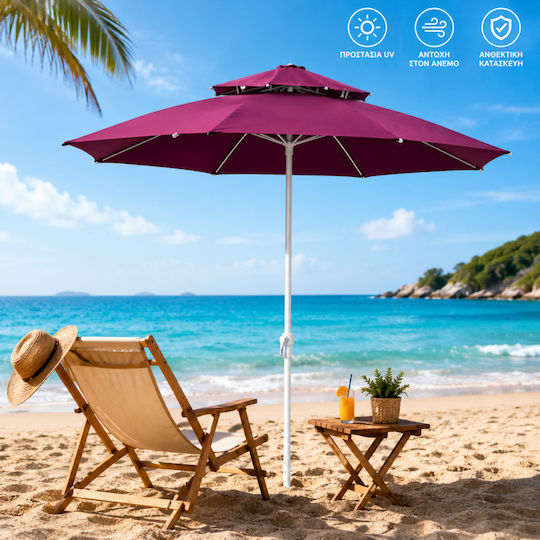 ForHome Folding Beach Umbrella Diameter 2.4m with UV Protection and Burgundy Air Duct