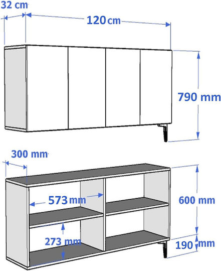 Μπουφές Ξύλινος Λευκός 120x32x79cm
