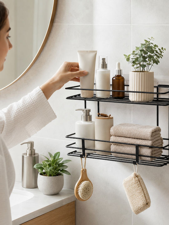 Femmit Metallic Self-Adhesive Bathroom Shelf 2 Tiers Black 25.6x10.5cm