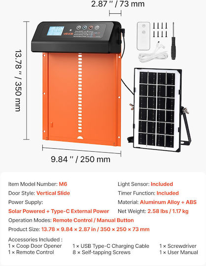 Vevor Automatic Chicken Coop Door with Solar Panel 25x35cm