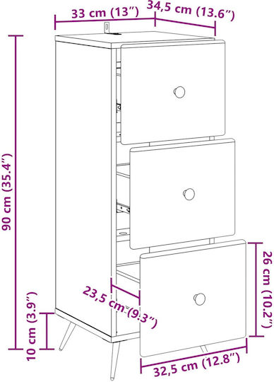 Comodă de Depozitare din Lemn cu 3 Sertare M33xL34.5xÎ90cm