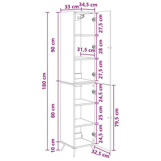 vidaXL Bathroom Column Cabinet Wall Hung M33xD34.5xH90cm Sonoma