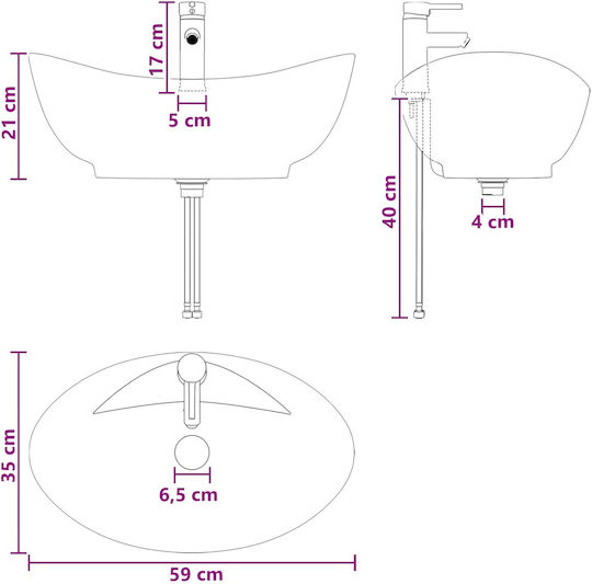vidaXL Επικαθήμενος Νιπτήρας Πορσελάνης 59x35x21cm Μαύρο