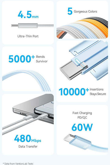 Vention Flat Braided USB 2.0 Cable USB-C Male - USB-C 60W PD Gray 1m