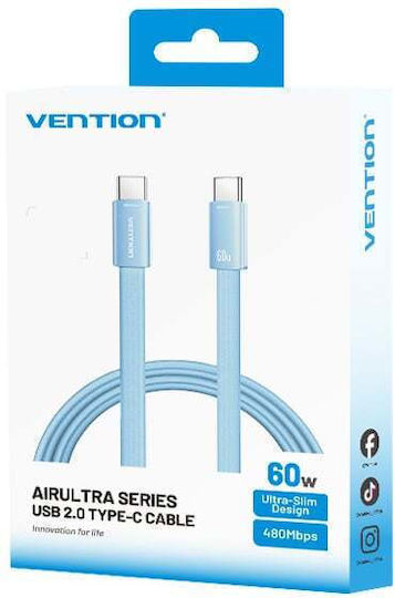 Vention Cablu USB 2.0 Flat / Braided USB-C Masculin - USB-C 60W PD Albastru 1m TRZSF