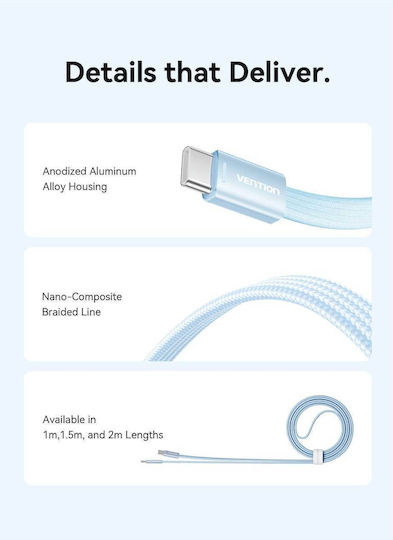 Vention Flat Braided USB 2.0 Cable USB-C Male - USB-C 60W PD Gray 1m