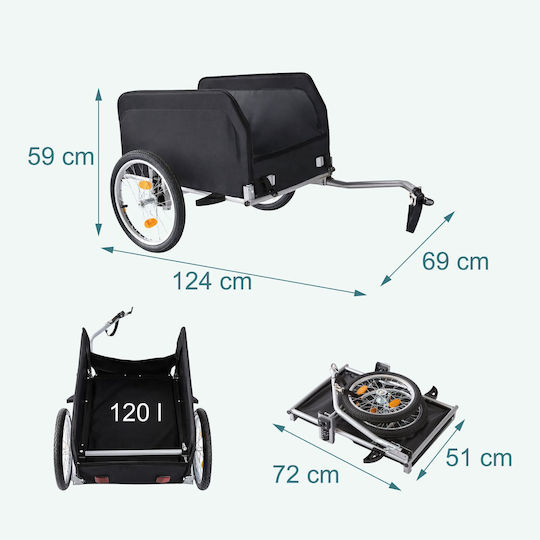 Remorcă Bicicletă Pliabilă 59x124x69 Cm Capacitate 120l Roți 38 Cm Culoare Roșu Negru Argintiu
