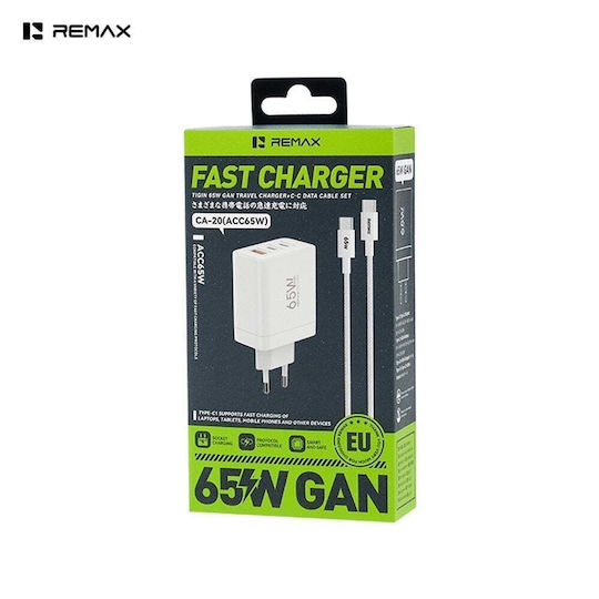 Remax GaN Charger with USB-A Port and 2 USB-C Ports and USB-C to USB-C Cable 65W Power Delivery Quick Charge 3.0 White (CA-20)