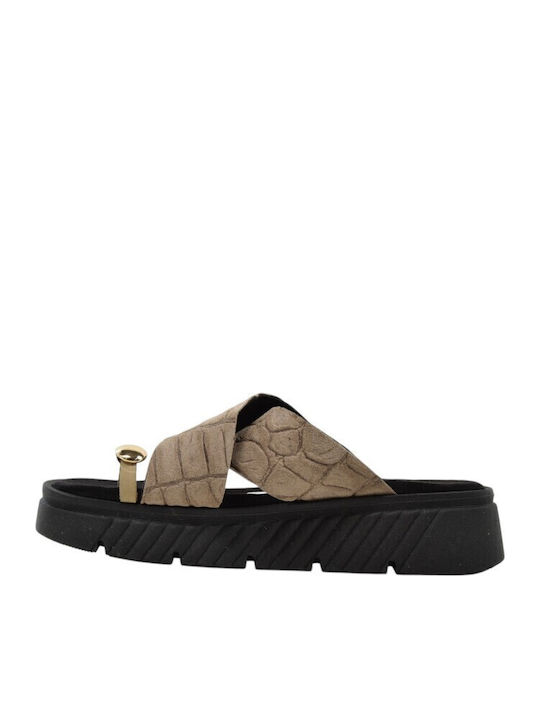 Leather Women's Flat Sandals Beige 3542+Beige Suede Leather