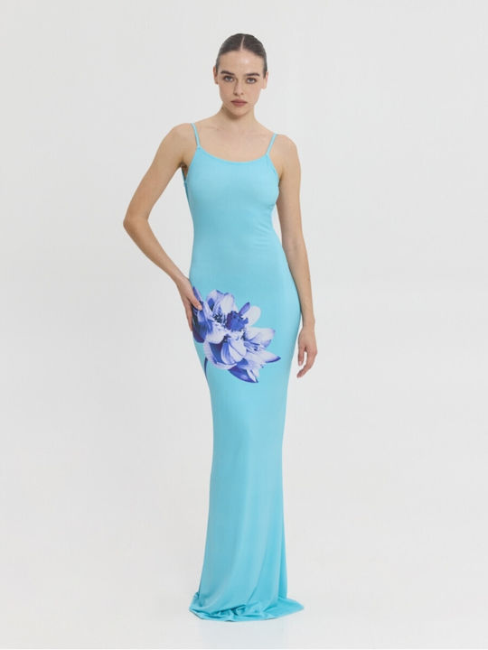 Summer Maxi Evening Dress Open Back Aqua Floral Dress