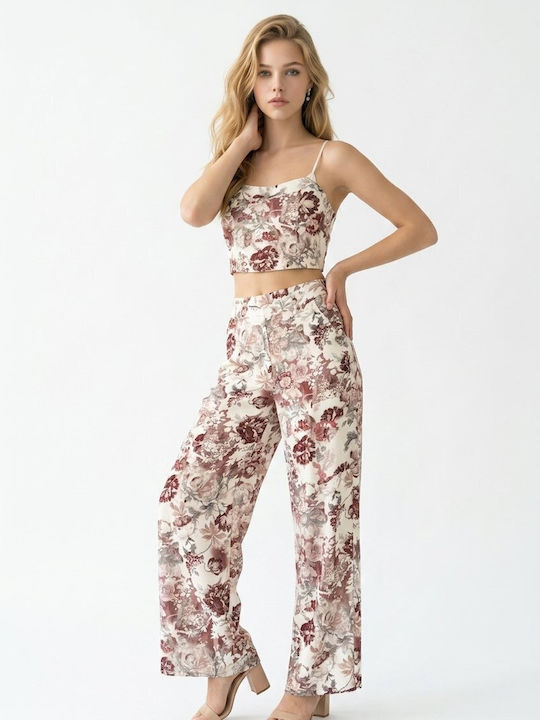 Damen Weißes Set mit Hochbund Blumenhose