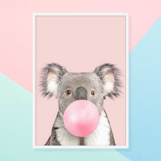 Kids Wall Art Koala With Pink Bubble With Black Frame Wooden 40x50cm