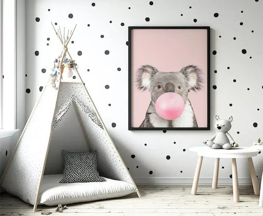 Kids Wall Art Koala With Pink Bubble With Black Frame Wooden 40x50cm