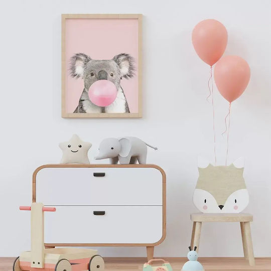 Kids Wall Art Koala With Pink Bubble With Black Frame Wooden 40x50cm