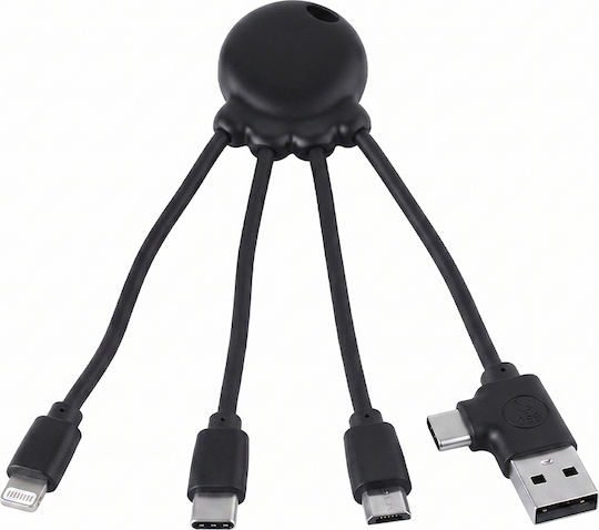 Xoopar Octopus Cable Usb-a Usb-c Lightning Micro Usb 15cm Fast Charge 10.5w Black