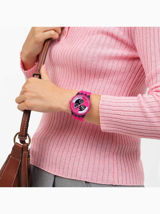 Swatch Lines Unisex Men's Chronograph Battery Watch with Pink Rubber Strap