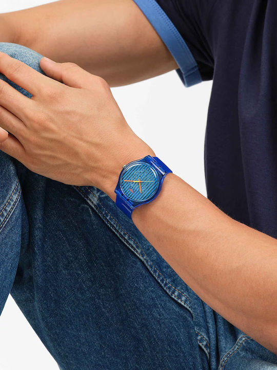 Swatch Herrenuhr Batterie mit Blauem Gummiarmband