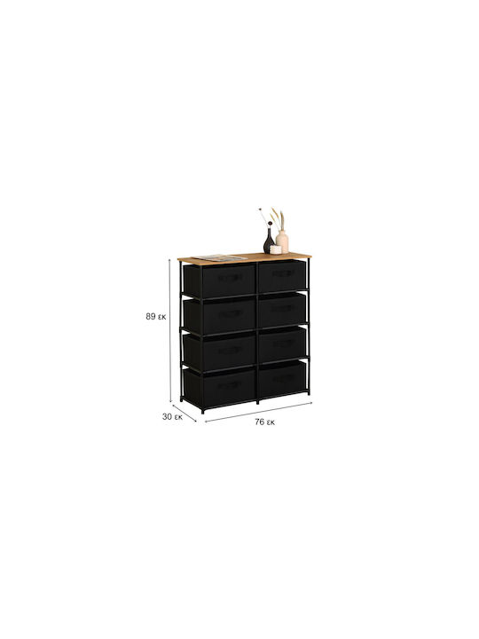 Kommode Stoff Nisos-8 Eiche 8 Schubladen Stoff Schwarz 76x30x89cm Schwarzer Rahmen Metall