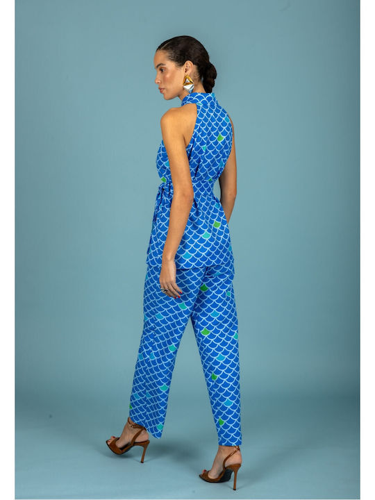 Women's Sleeveless Blouse with Neck Tie Blue
