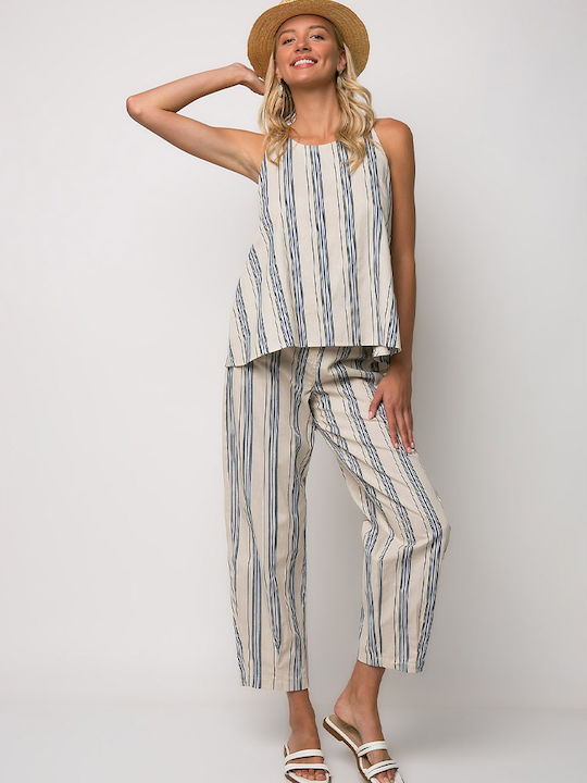 Women's Cotton Sleeveless Striped Blue Blouse