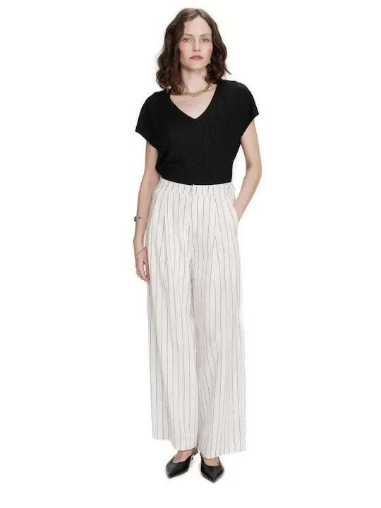 Damen Hochsitzt Stoff Hose Gestreift Weiß
