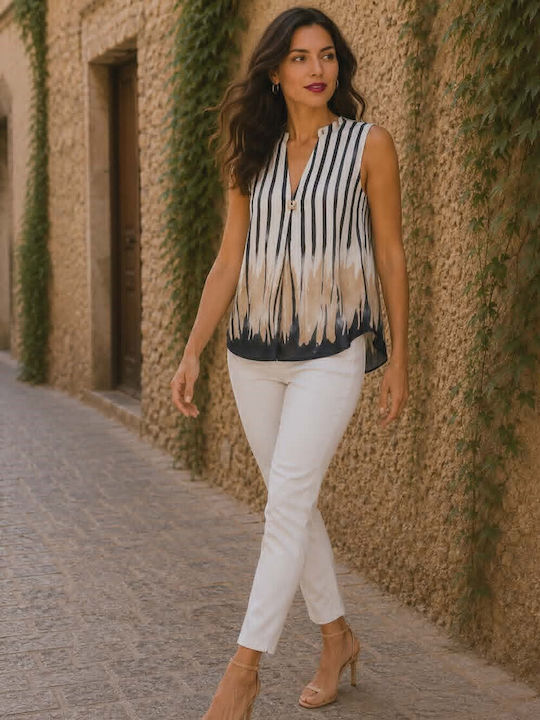 Women's Cotton Sleeveless Striped Blouse In Beige Ecru And Black Shades