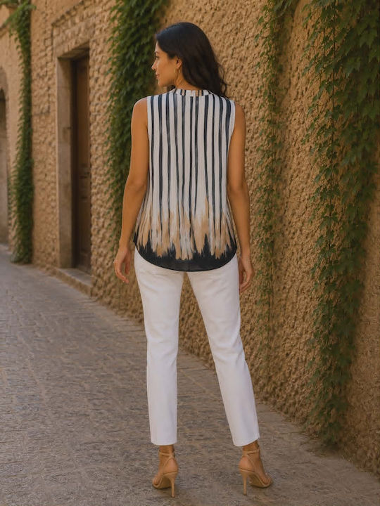Women's Cotton Sleeveless Striped Blouse In Beige Ecru And Black Shades
