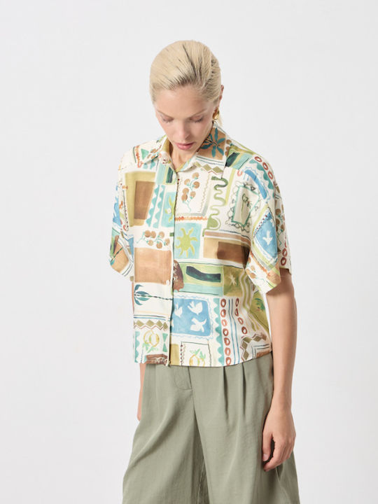 Short Sleeve Women's Shirt Ecru Floral