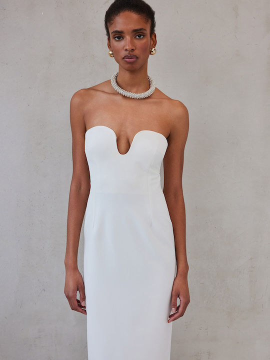 Καλοκαιρινό Midi Βραδινό Φόρεμα Strapless Λευκό