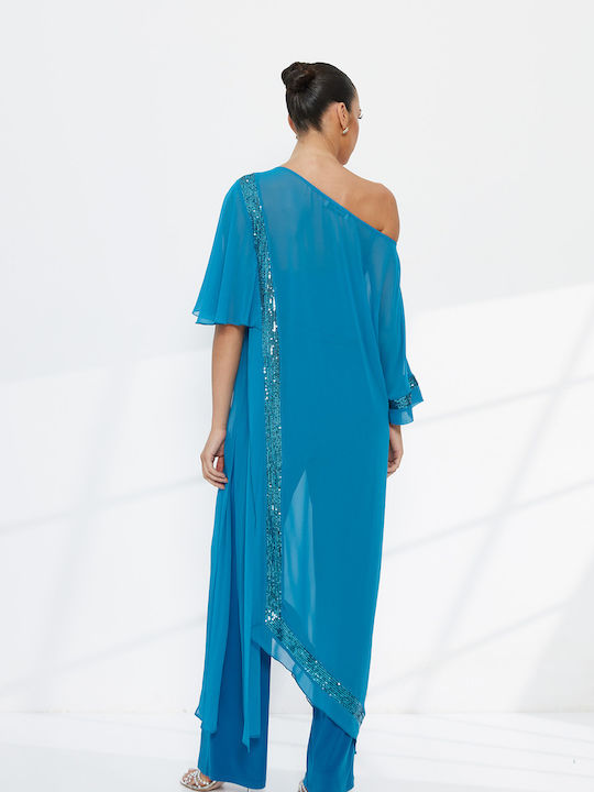 Women's Fabric Trousers Turquoise with Sequins