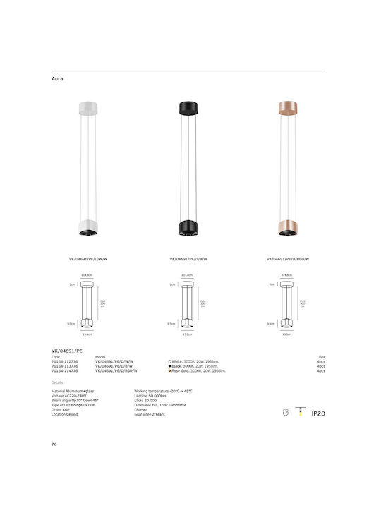 VK Lighting Pendant Light Rose Gold LED with Warm White Light