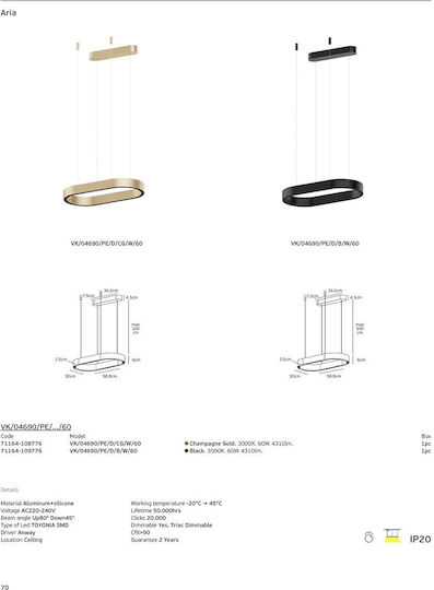 VK Lighting Black LED Pendant Ceiling Light with Warm White Light