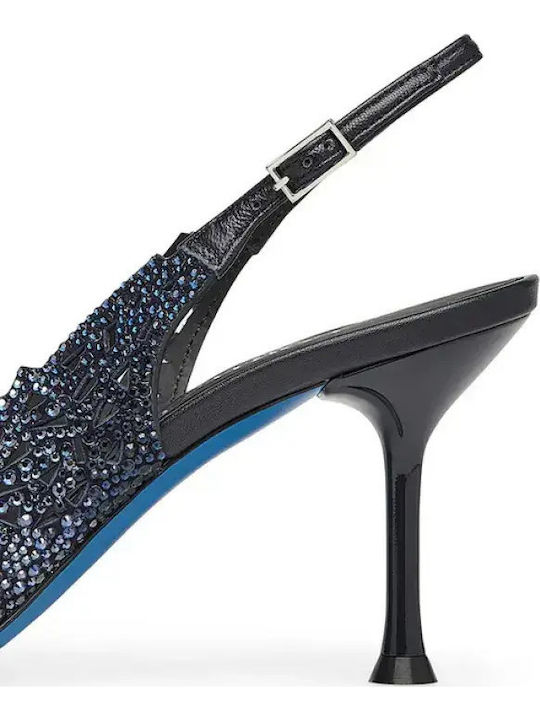 Suede Pointed Toe Heels with Strap and High Heel Navy Blue