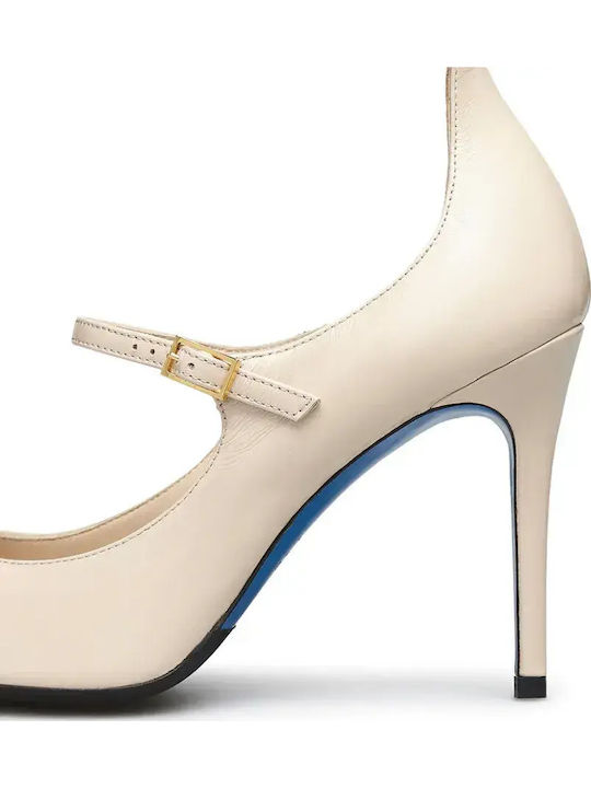 Leather Pointed Toe Heels with Strap & High Beige Heel