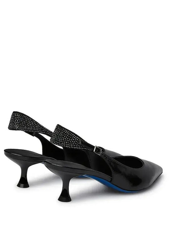 Leather Pointed Toe Heels with Strap & Mid Heel Black